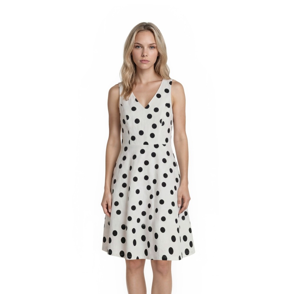 White House Black Market Dress Women's Size 4 White Black Polka Dot V Neck